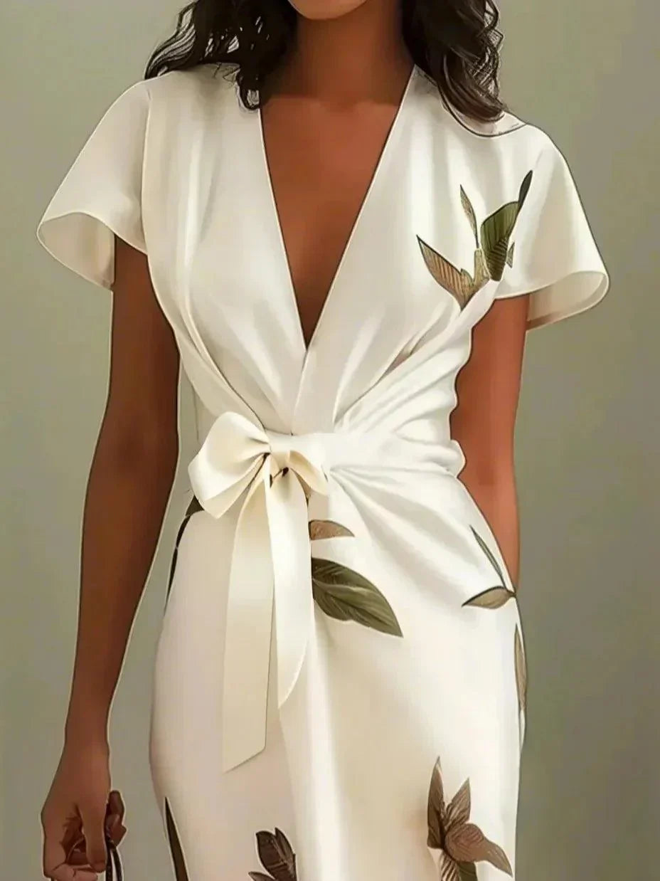 Judy | Robe Midi en Satin à Manches Courtes Blanche