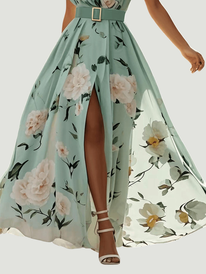 Julie | Robe Maxi Chiffon Florale à Épaules Dégagées Vert Clair