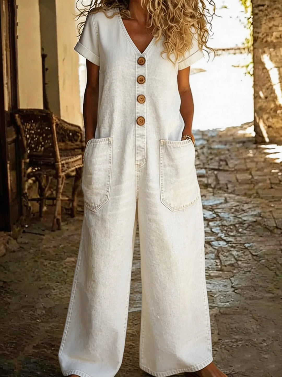 Denise | Combinaison-short en jean à col en V et manches courtes