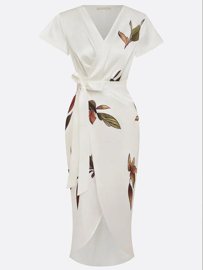 Judy | Robe Midi en Satin à Manches Courtes Blanche