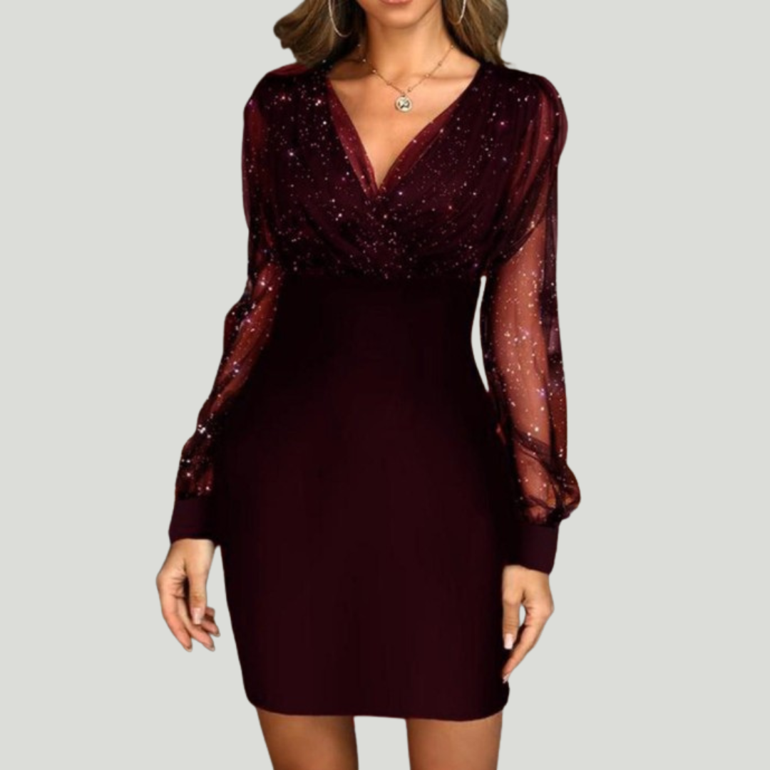 Adrienne | Robe Noire Élégante à Paillettes et Manches Transparentes