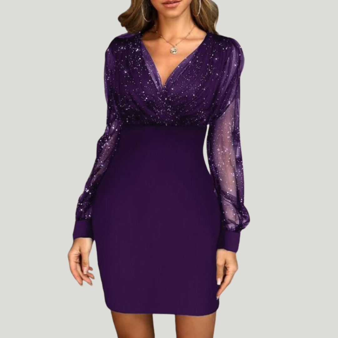 Adrienne | Robe Noire Élégante à Paillettes et Manches Transparentes