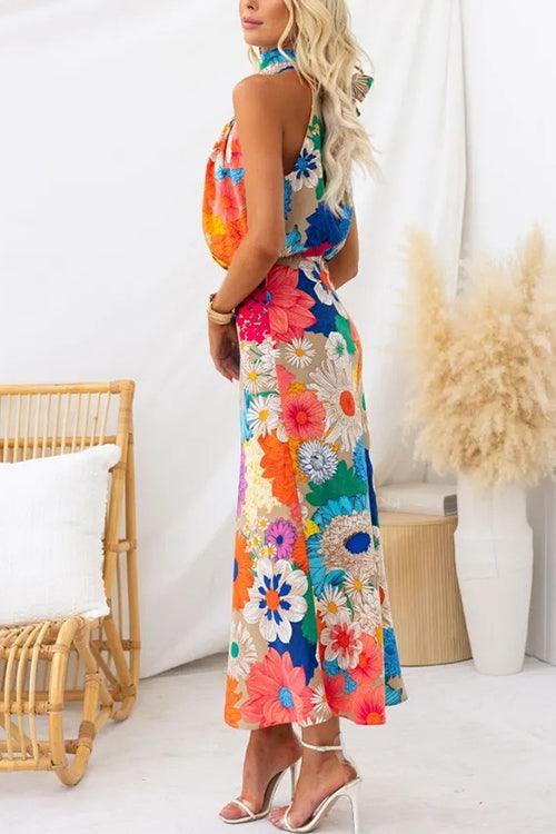 Estate | Robe maxi sans manches avec nœud à la taille et imprimé floral