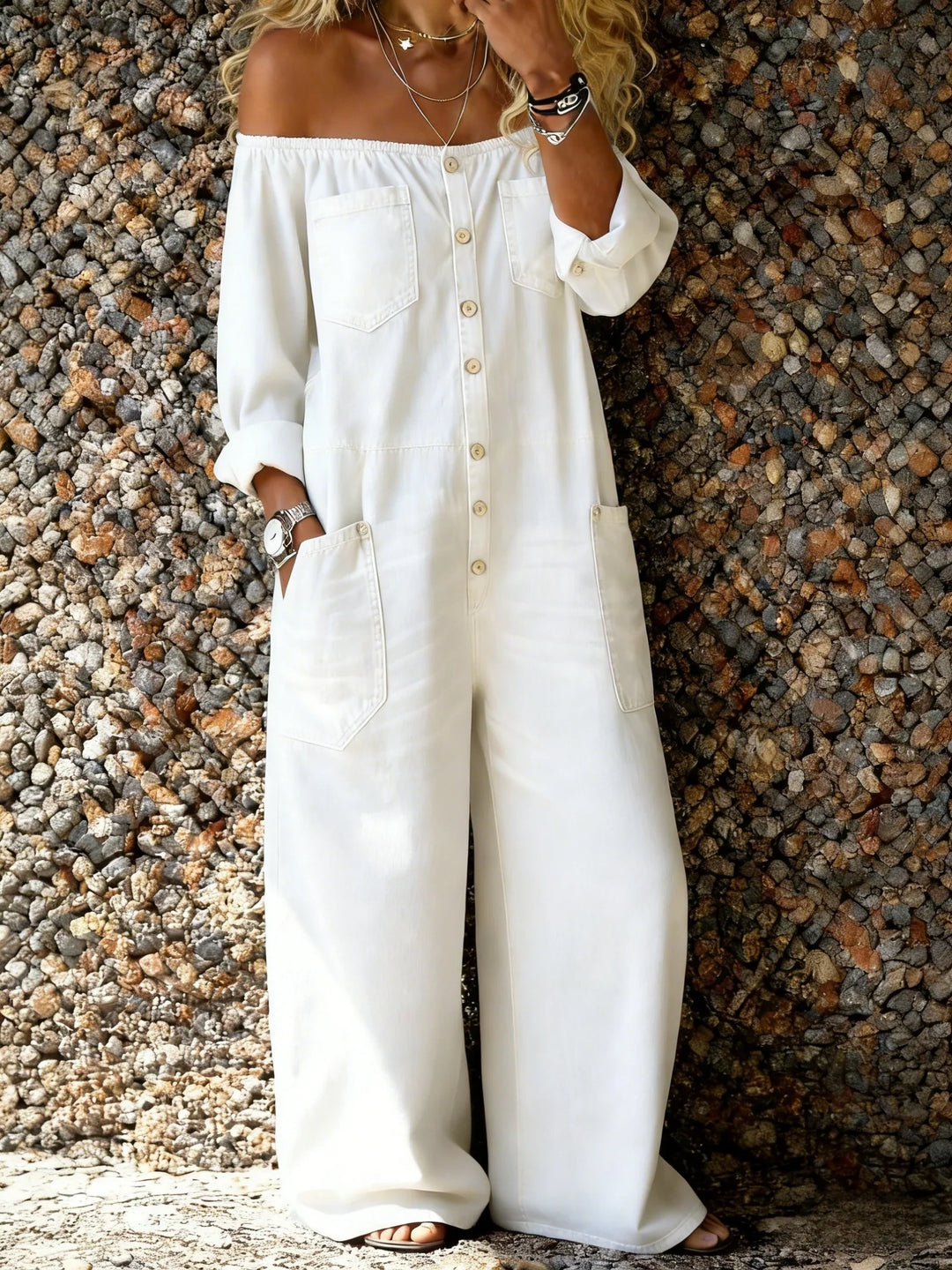 Noa | Combinaison-Pantalon en Jean avec Encolure Bardot