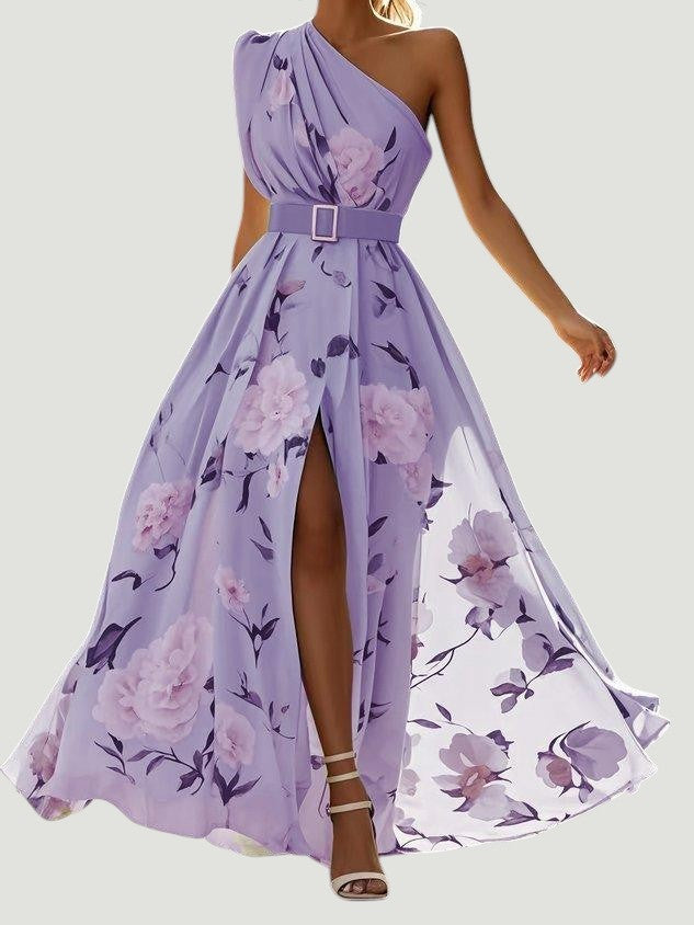 Julie | Robe Maxi Chiffon Florale à Épaules Dégagées Vert Clair