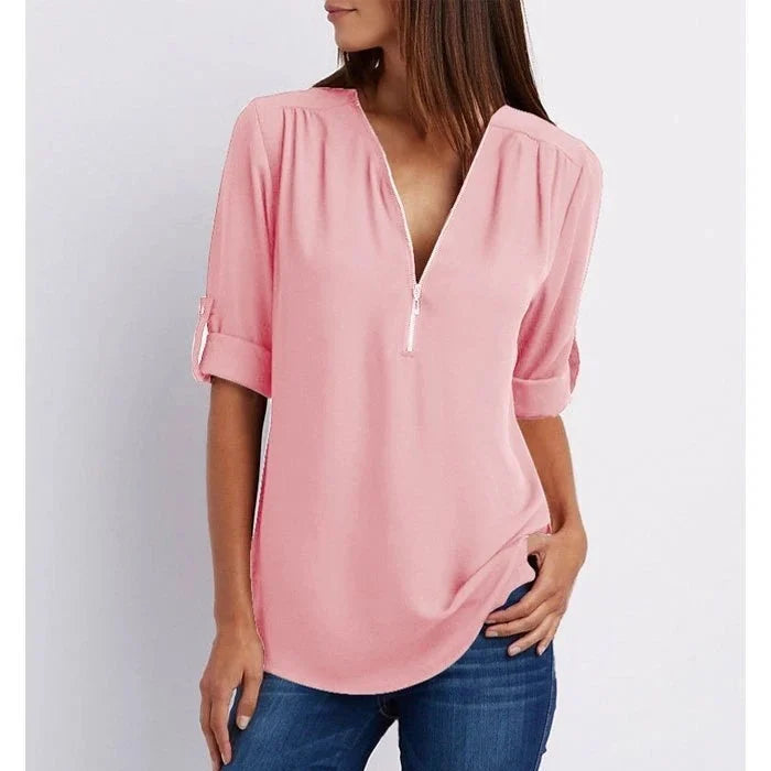 Lucas & Léa Paris| Plus Size Blouse à manches 3/4 en vrac avec fermeture éclair