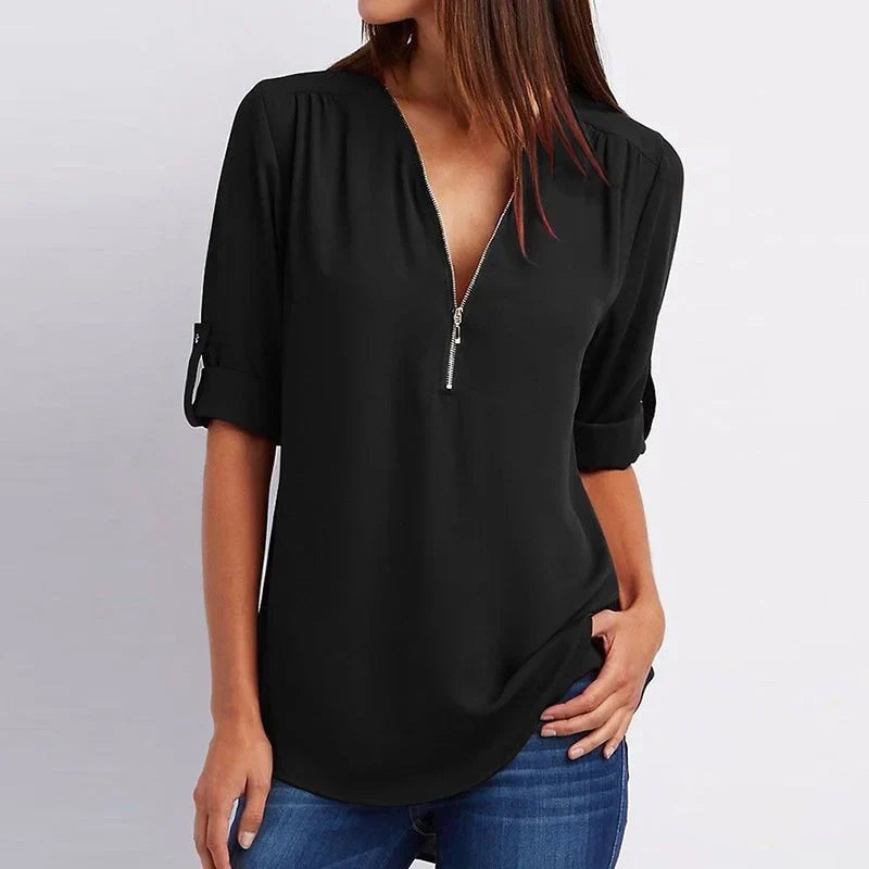 Lucas & Léa Paris| Plus Size Blouse à manches 3/4 en vrac avec fermeture éclair