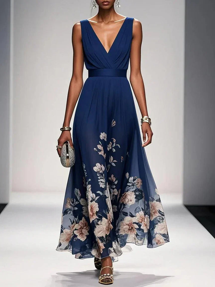 Rosa | Robe Maxi en Chiffon avec Fleurs Bleu Clair et Décolleté en V