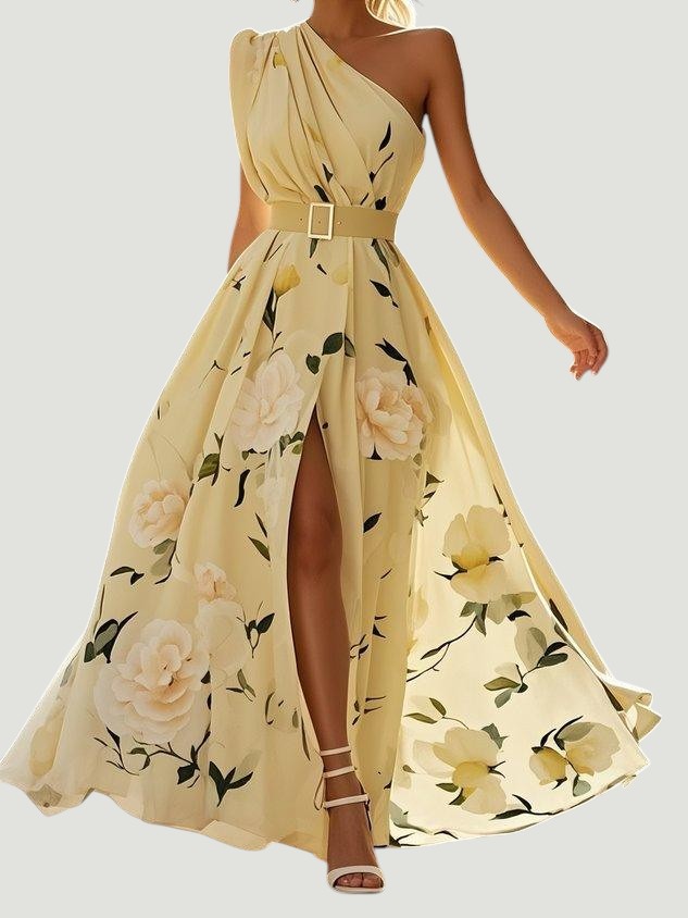 Julie | Robe Maxi Chiffon Florale à Épaules Dégagées Vert Clair