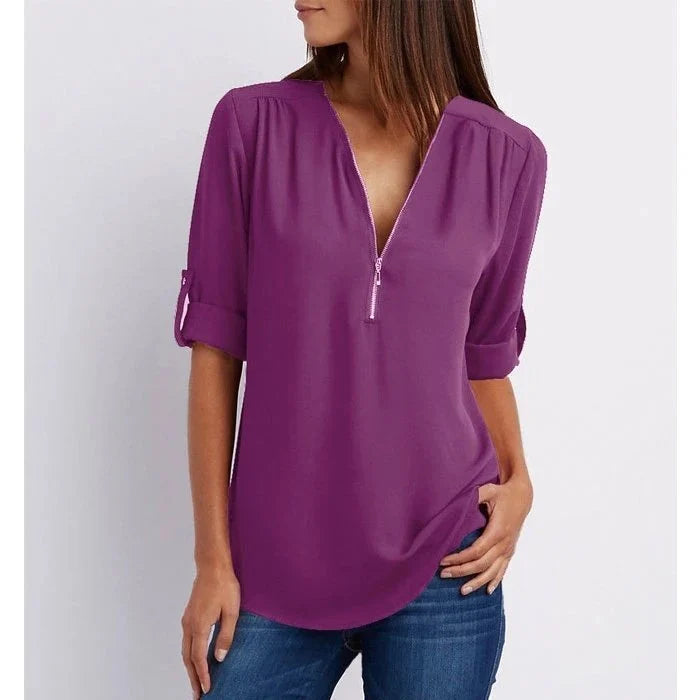 Lucas & Léa Paris| Plus Size Blouse à manches 3/4 en vrac avec fermeture éclair