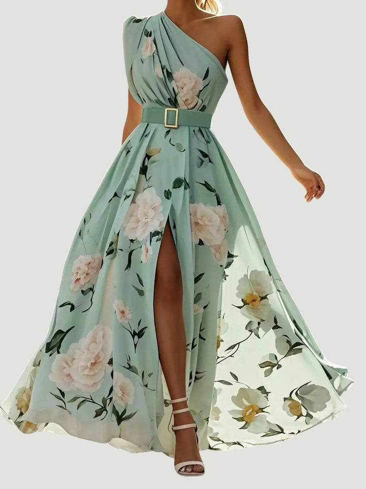 Julie | Robe Maxi Chiffon Florale à Épaules Dégagées Vert Clair