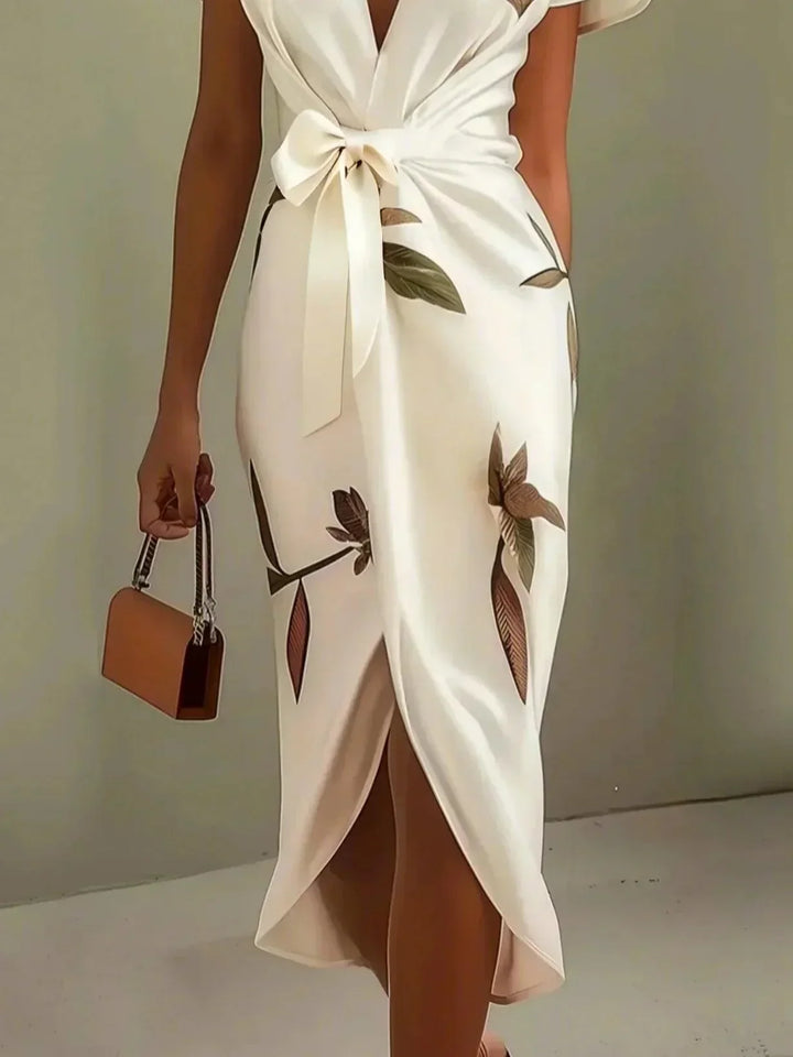 Judy | Robe Midi en Satin à Manches Courtes Blanche