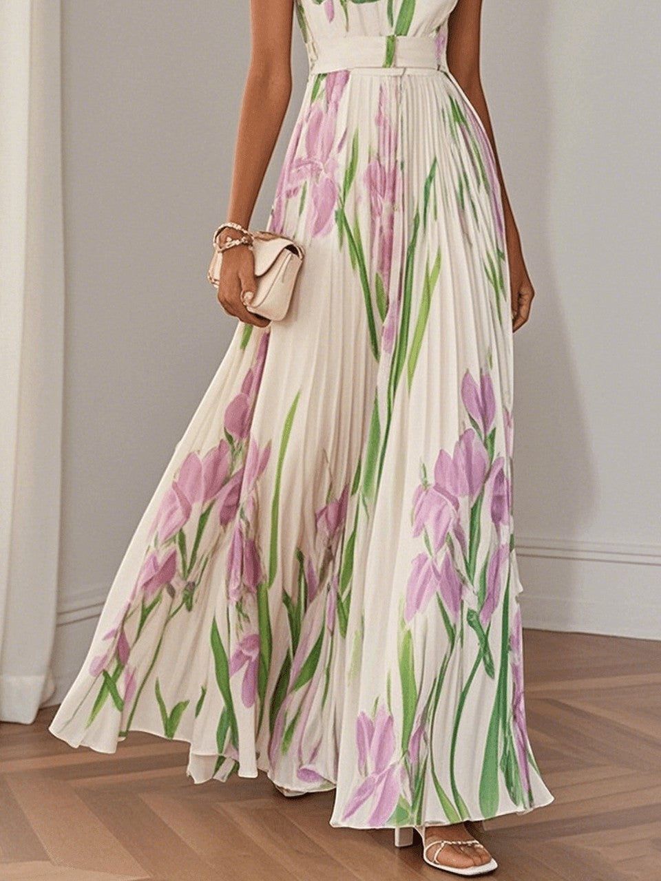 Marie | Robe Maxi Chiffon Florale Plissée Blanche