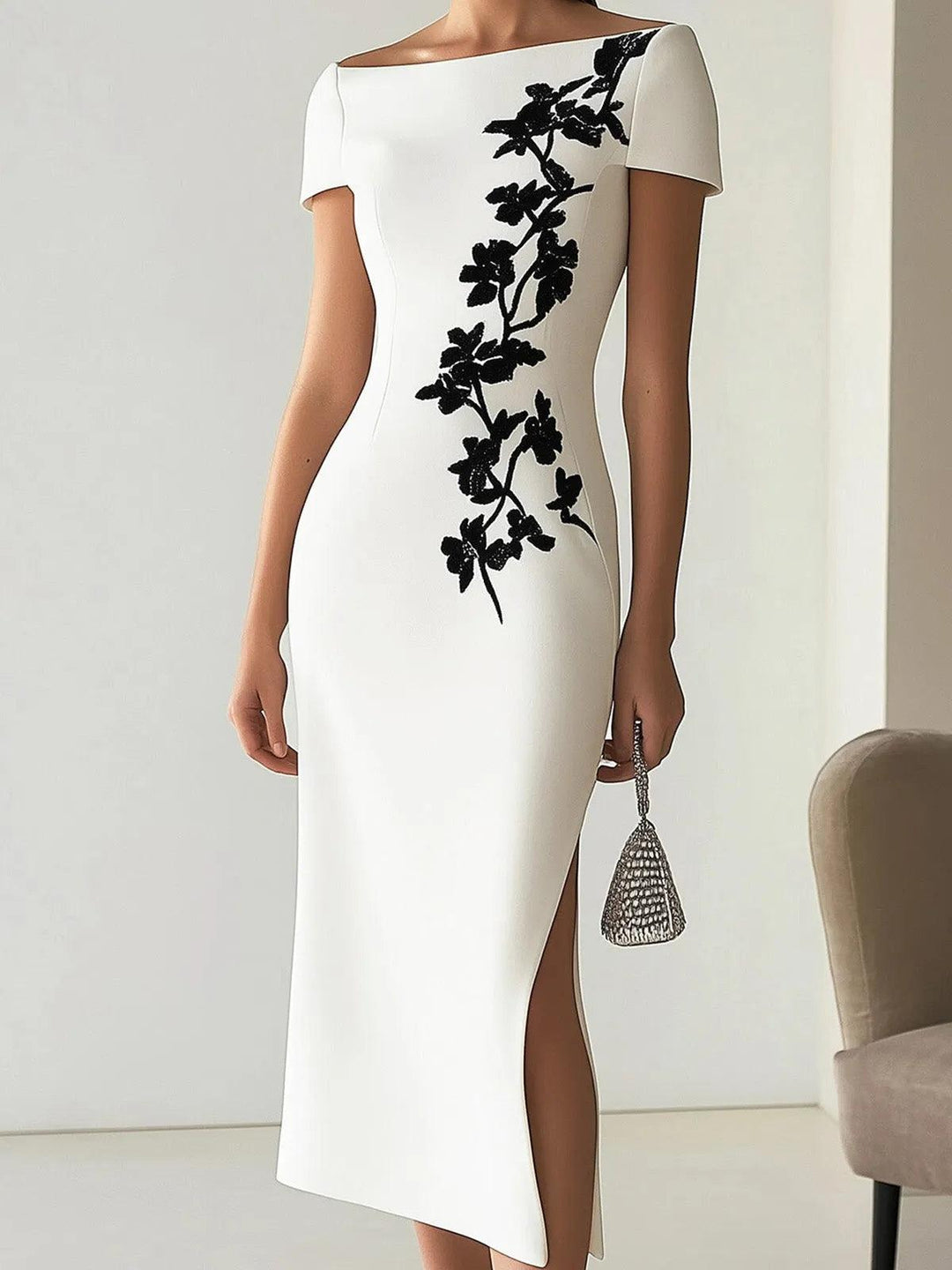 Audrey | Robe Midi à Imprimé Floral Chic avec Col Bateau