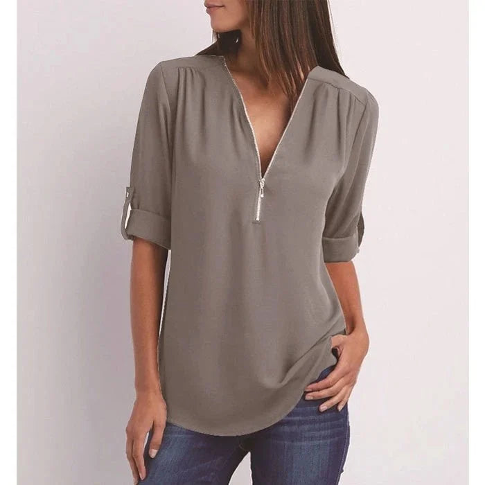 Lucas & Léa Paris| Plus Size Blouse à manches 3/4 en vrac avec fermeture éclair