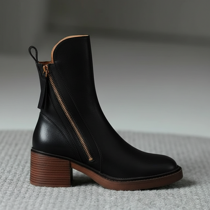 Valorine™ | Botte en cuir noire avec un talon confortable, élégante et intemporelle
