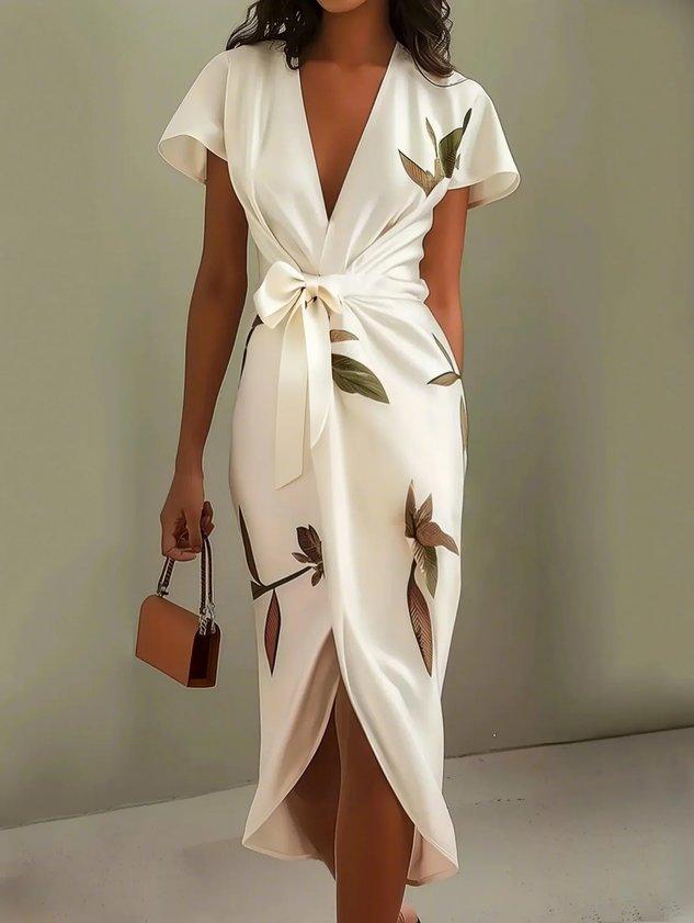 Judy | Robe Midi en Satin à Manches Courtes Blanche