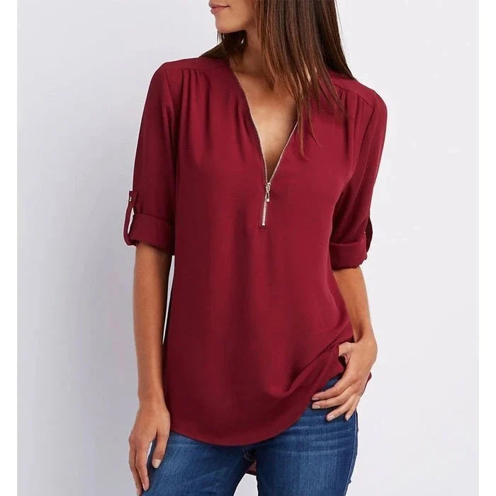 Lucas & Léa Paris| Plus Size Blouse à manches 3/4 en vrac avec fermeture éclair