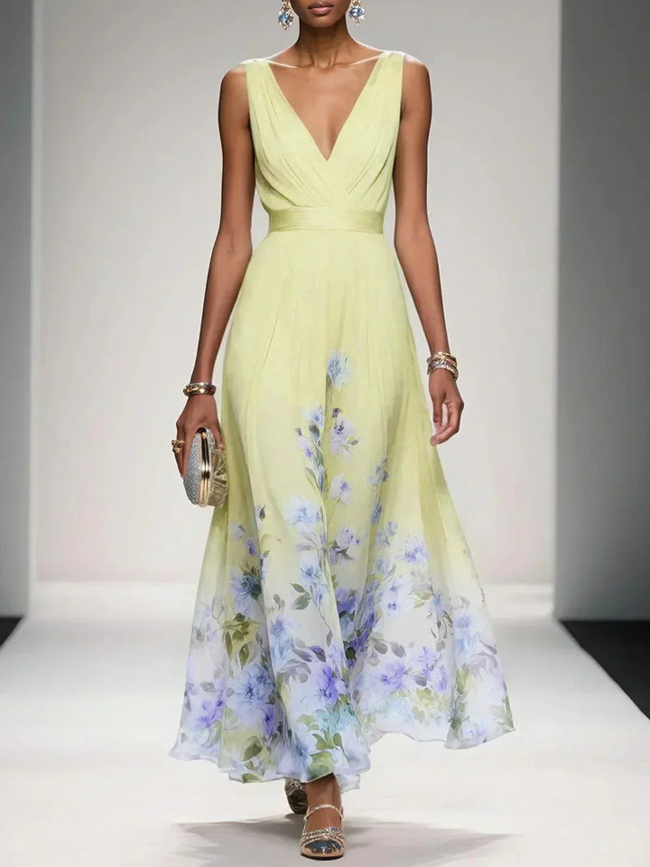 Rosa | Robe Maxi en Chiffon avec Fleurs Bleu Clair et Décolleté en V