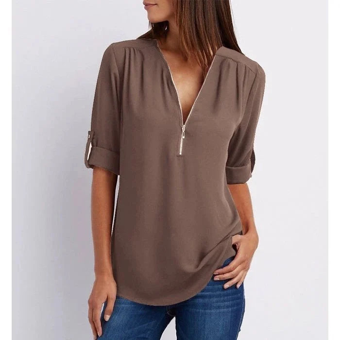 Lucas & Léa Paris| Plus Size Blouse à manches 3/4 en vrac avec fermeture éclair