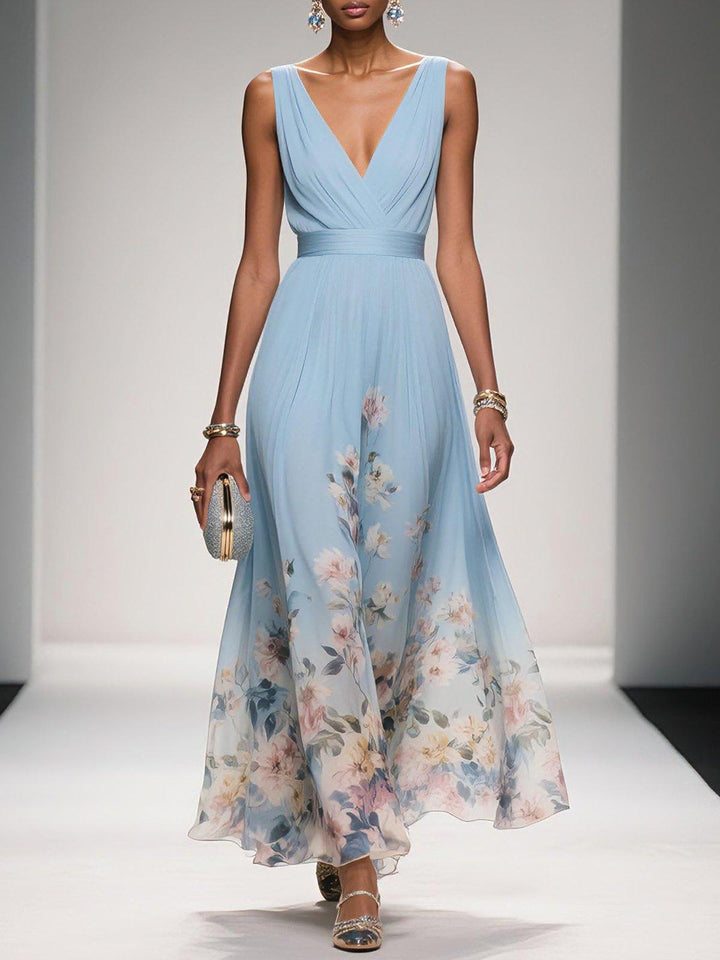 Rosa | Robe Maxi en Chiffon avec Fleurs Bleu Clair et Décolleté en V