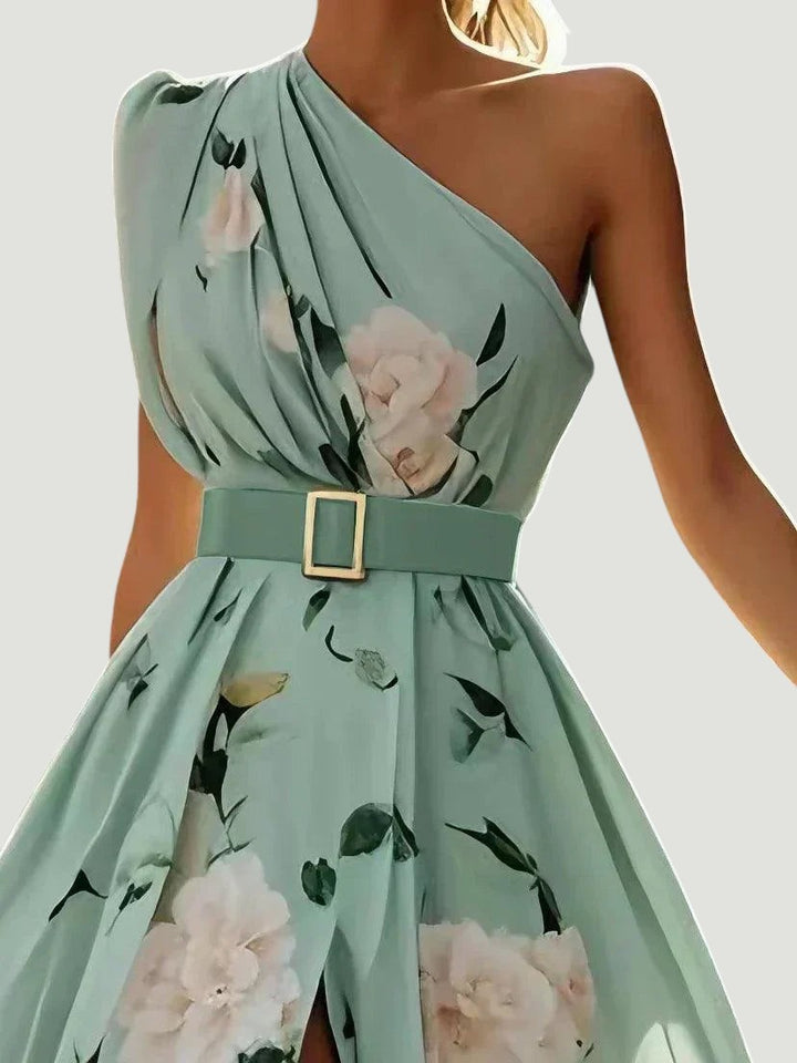Julie | Robe Maxi Chiffon Florale à Épaules Dégagées Vert Clair