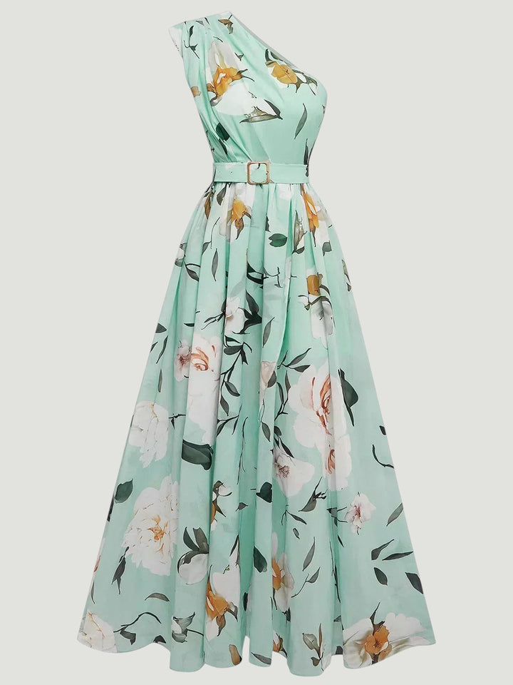 Julie | Robe Maxi Chiffon Florale à Épaules Dégagées Vert Clair