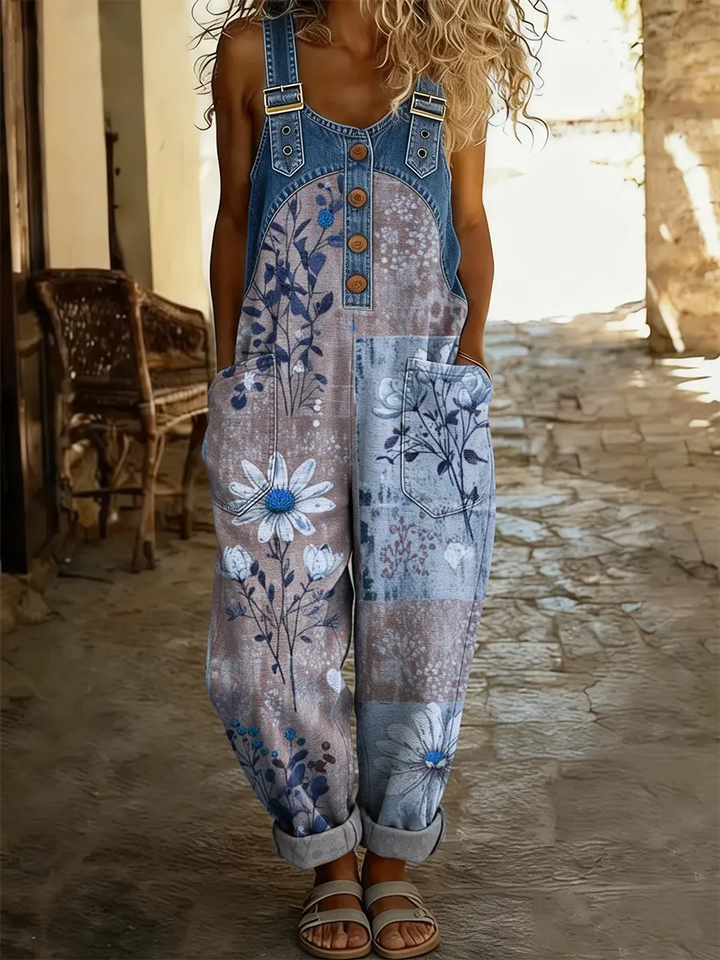 Maréa | Combinaison-pantalon en jean patchwork avec imprimé floral