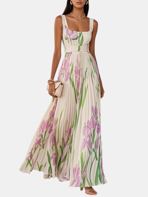 Marie | Robe Maxi Chiffon Florale Plissée Blanche