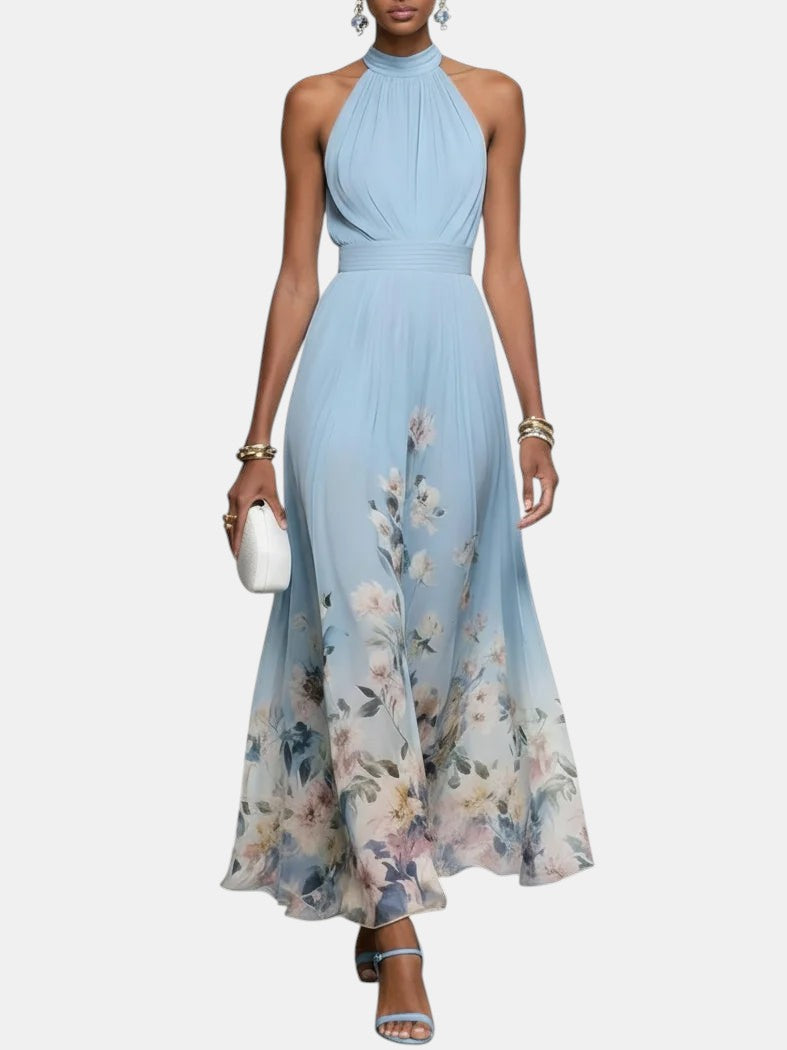 Rosalyn | Robe Maxi Chiffon avec Fleurs Bleues