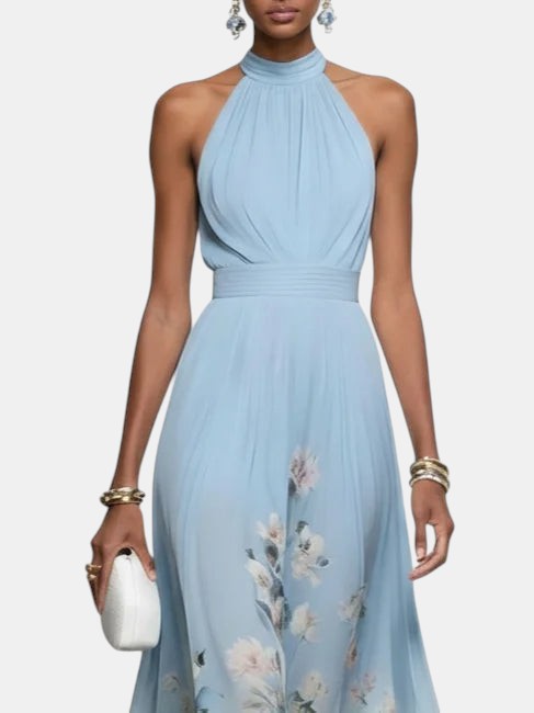 Rosalyn | Robe Maxi Chiffon avec Fleurs Bleues