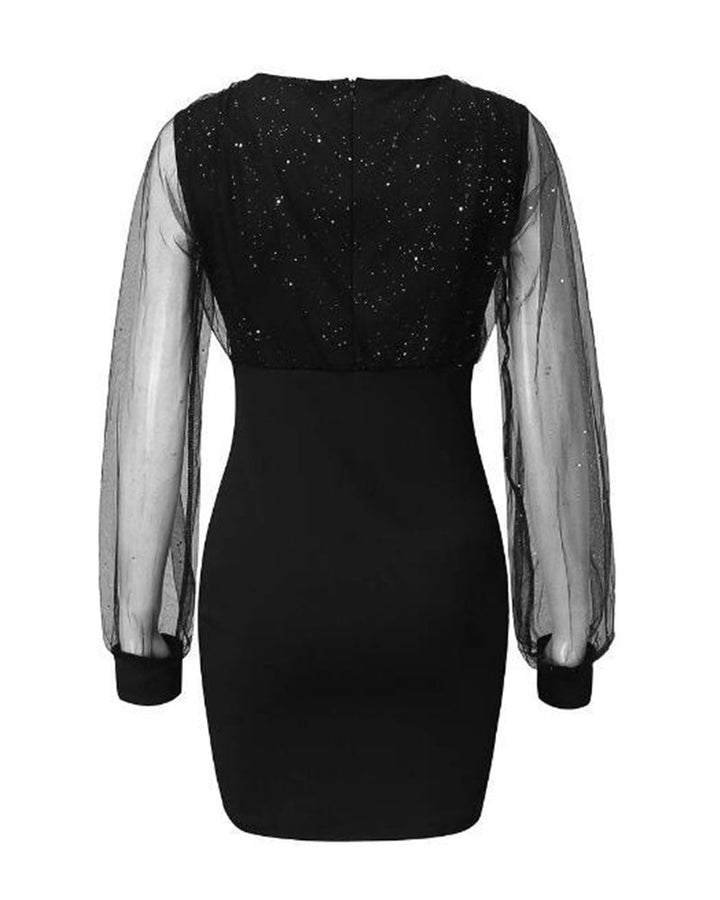 Adrienne | Robe Noire Élégante à Paillettes et Manches Transparentes