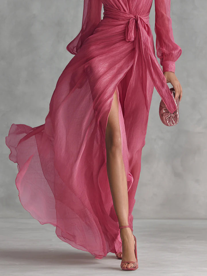 Beatrice | Robe longue en chiffon élégante avec décolleté en V et taille à nouer
