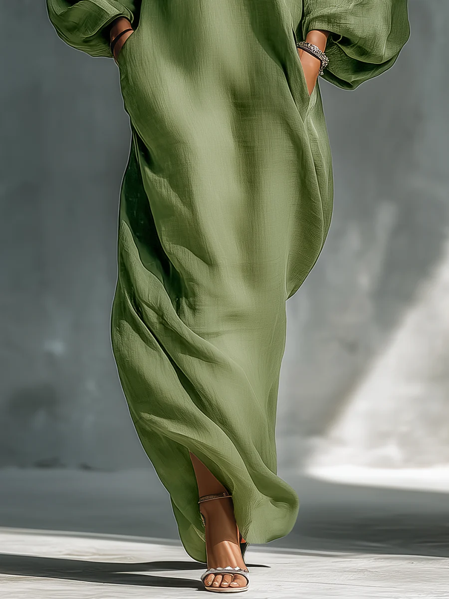 Anika | Robe Maxi à Manches Bouffantes Verte