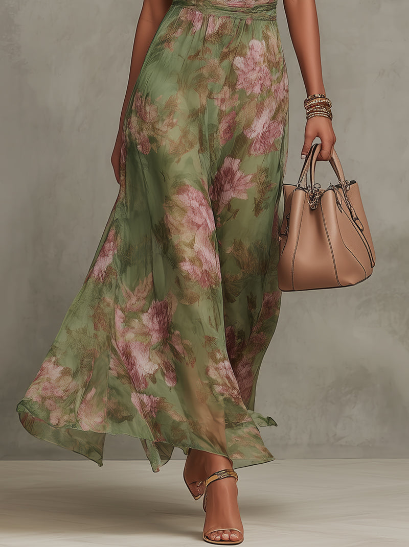 Firenze | Robe Maxi Chiffon Florale Verte à Dos Nu