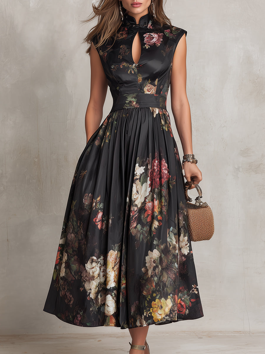 Patricia | Robe Midi Plissée en Satin Floral Noir