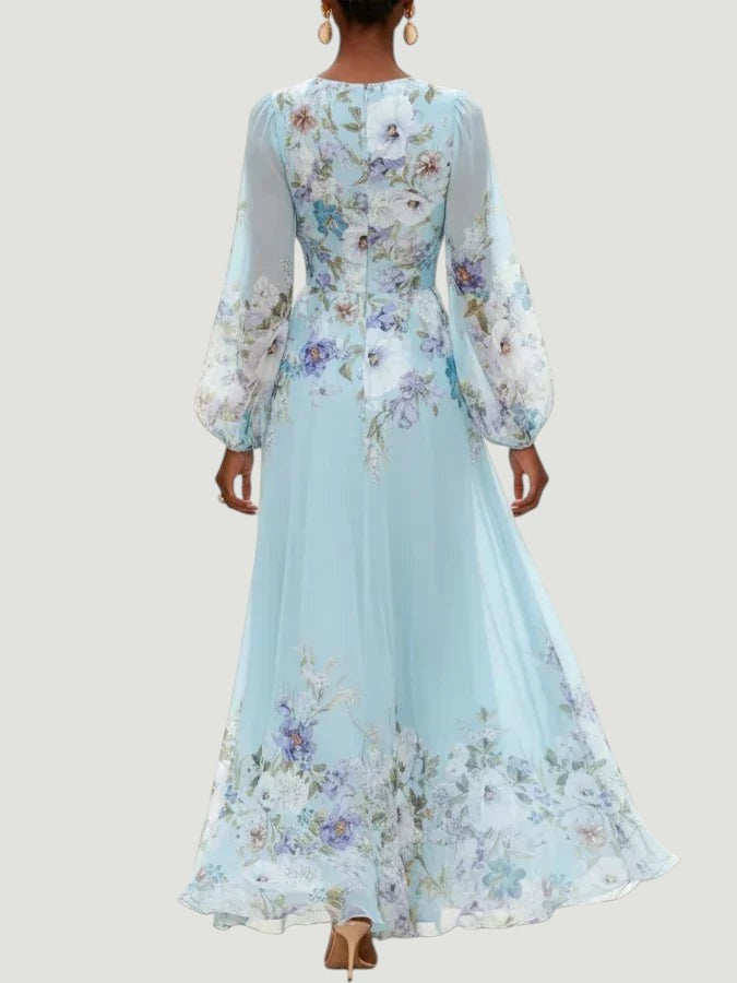 Mia | Robe Maxi Chiffon Floral Bleu Clair avec Décolleté en V