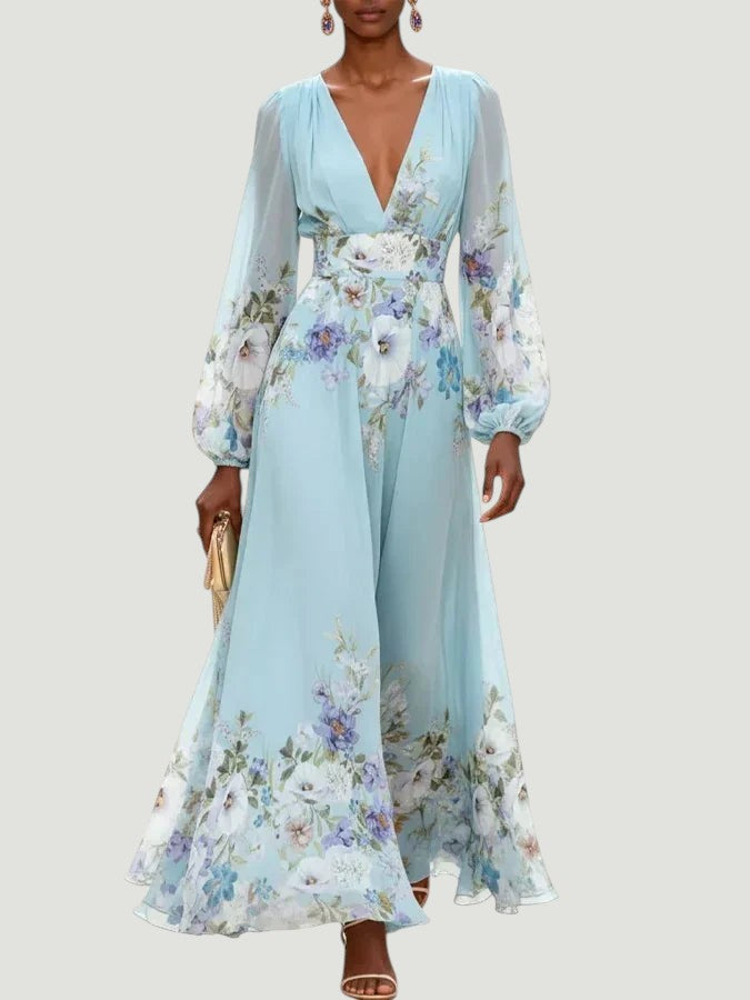 Mia | Robe Maxi Chiffon Floral Bleu Clair avec Décolleté en V