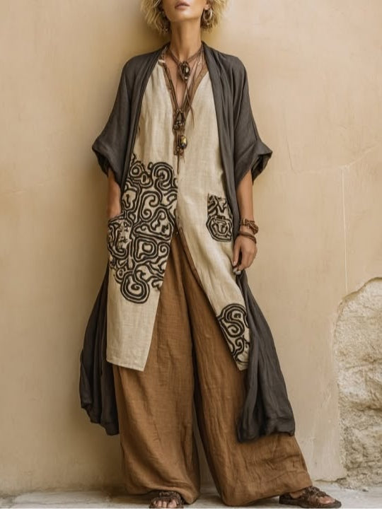 Sophie | Ensemble de trois pièces en gris foncé et marron avec imprimé tribal