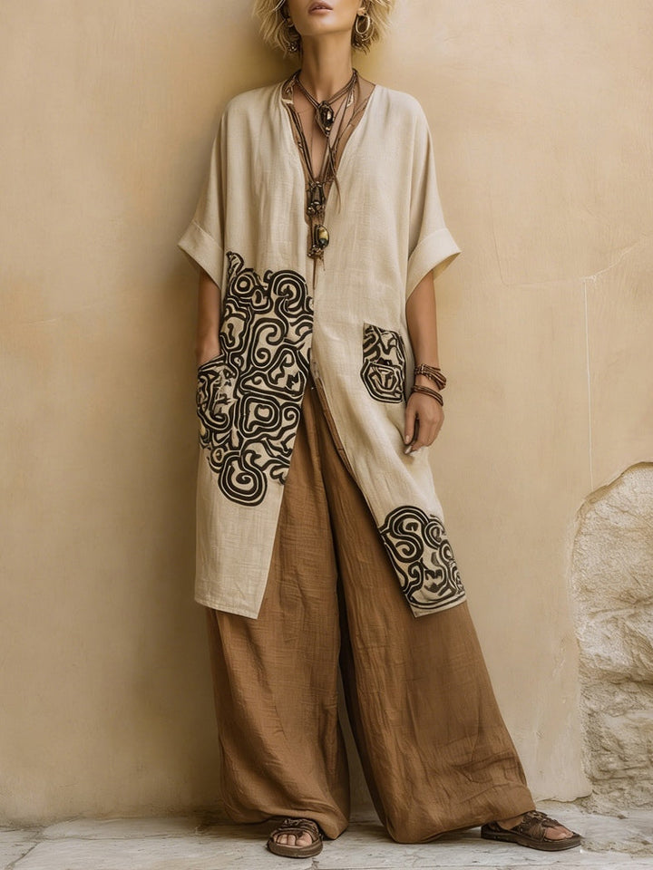 Sophie | Ensemble de trois pièces en gris foncé et marron avec imprimé tribal