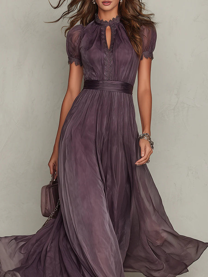 Flavia | Robe Longue Élégante Violet Col Goutte Dentelle
