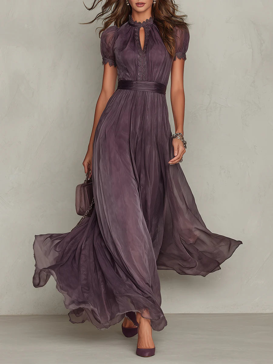 Flavia | Robe Longue Élégante Violet Col Goutte Dentelle