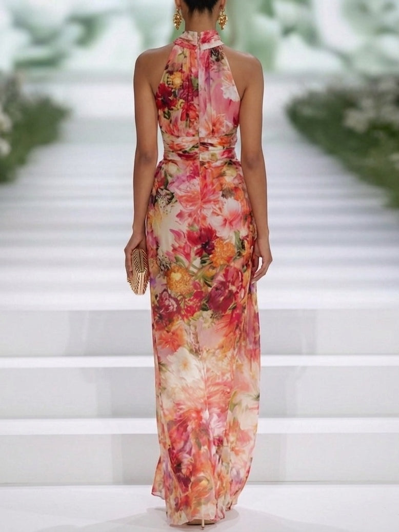 Fae | Robe Maxi Sans Manches en Chiffon Rouge à Fleurs