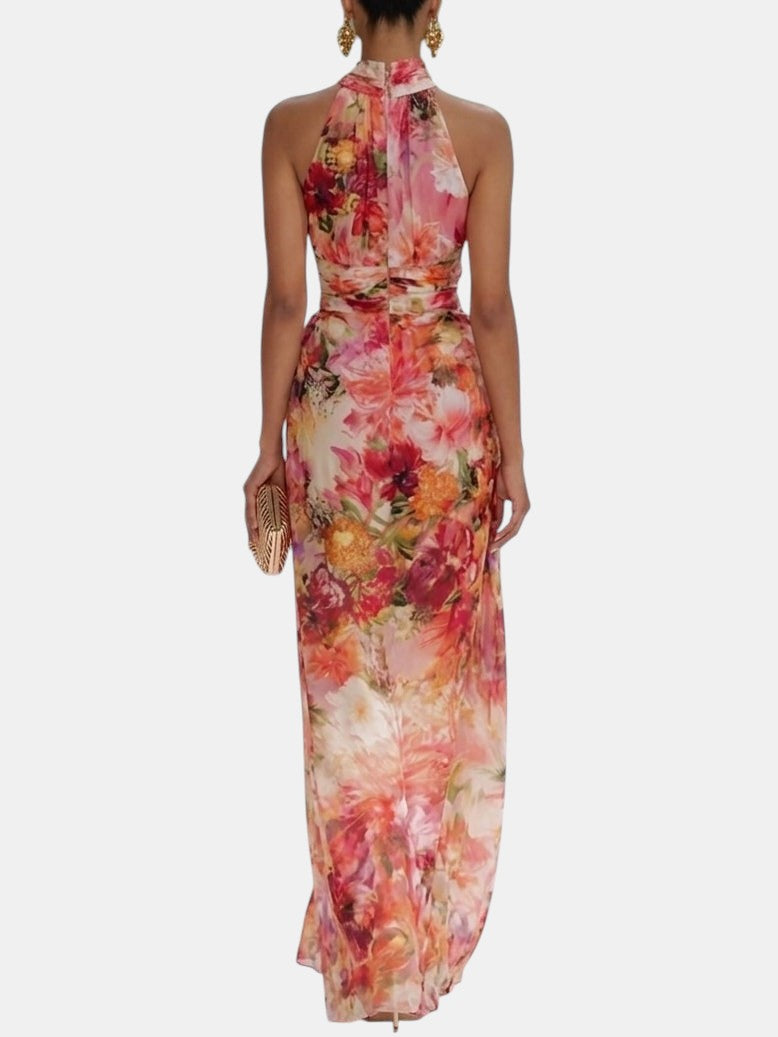Fae | Robe Maxi Sans Manches en Chiffon Rouge à Fleurs