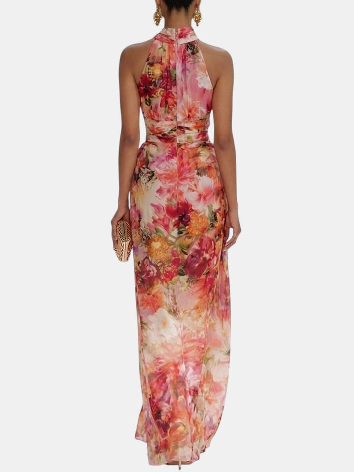 Fae | Robe Maxi Sans Manches en Chiffon Rouge à Fleurs