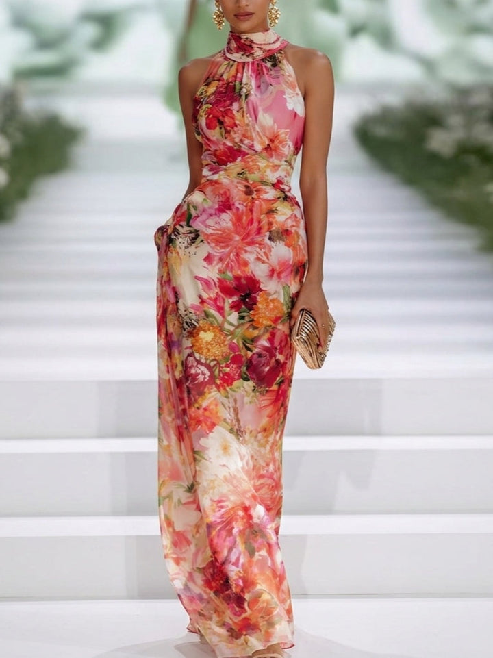 Fae | Robe Maxi Sans Manches en Chiffon Rouge à Fleurs