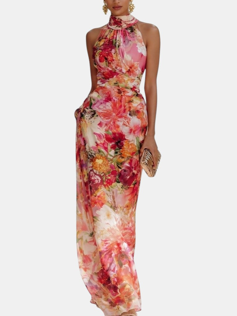 Fae | Robe Maxi Sans Manches en Chiffon Rouge à Fleurs
