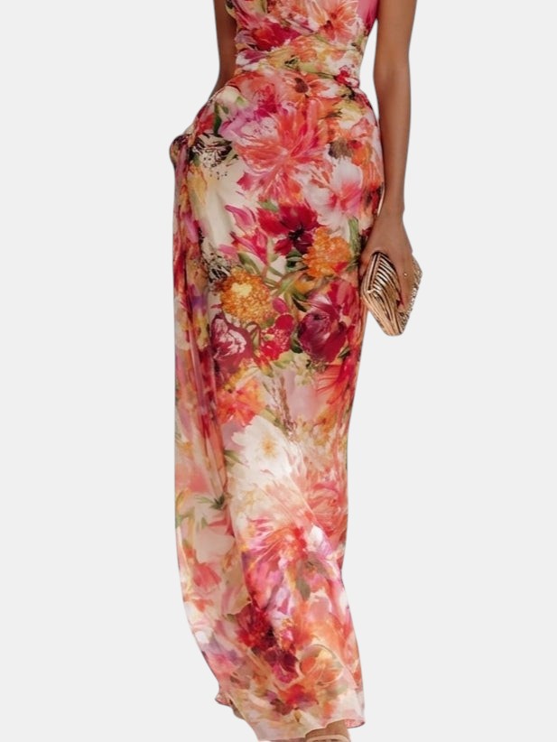 Fae | Robe Maxi Sans Manches en Chiffon Rouge à Fleurs