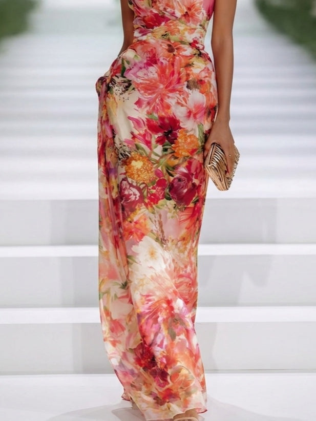 Fae | Robe Maxi Sans Manches en Chiffon Rouge à Fleurs