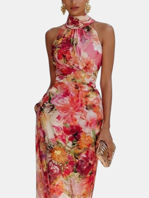 Fae | Robe Maxi Sans Manches en Chiffon Rouge à Fleurs